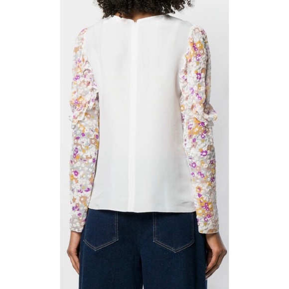 SEE BY CHLOÉ • Multicolor Floral Velvet Burnout Ruffle Long Sleeve Silk Blouse - Picture 3 of 16